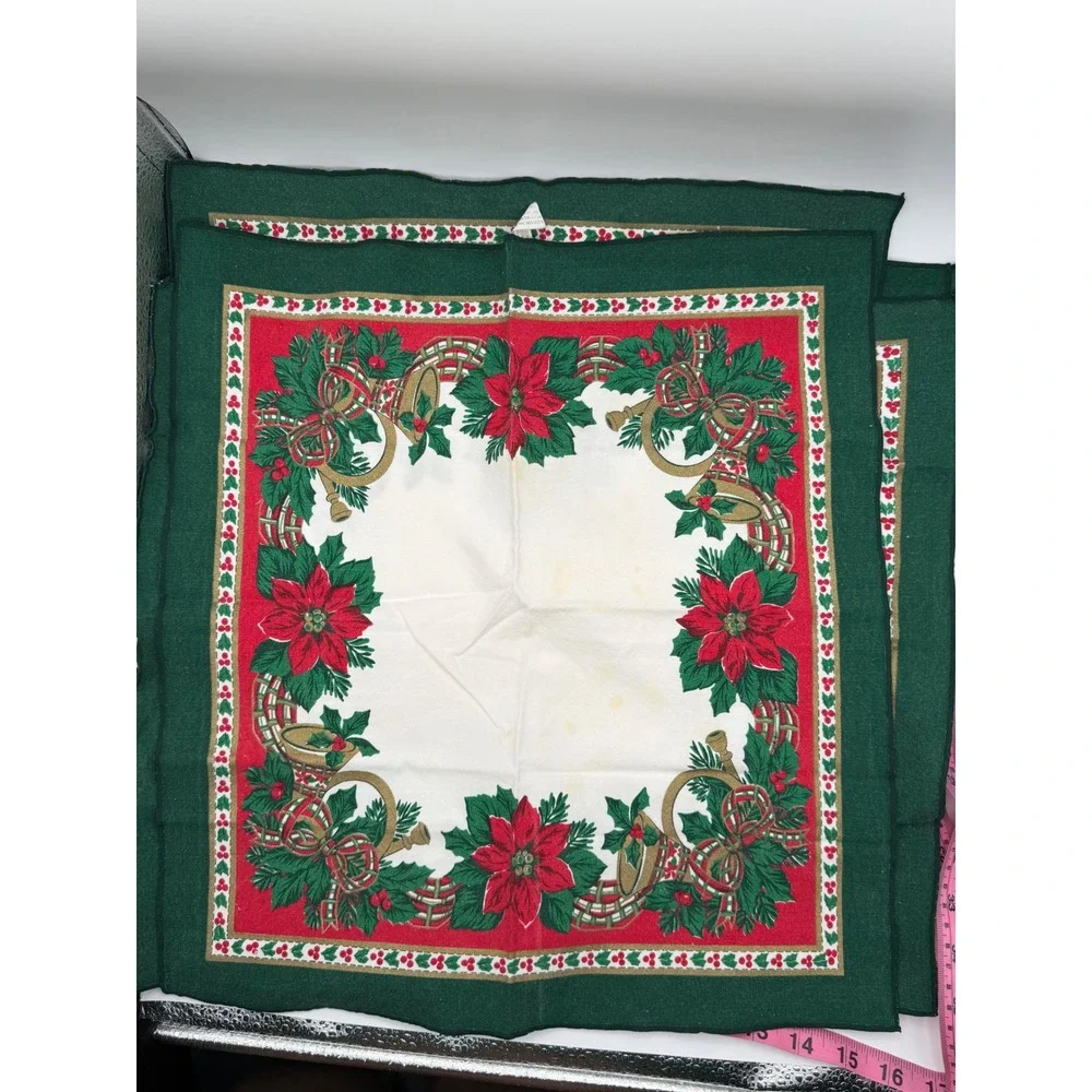 Vintage 90s Christmas‎ Tablecloth and 8 Napkins Set Poinsettia Bells Green Red